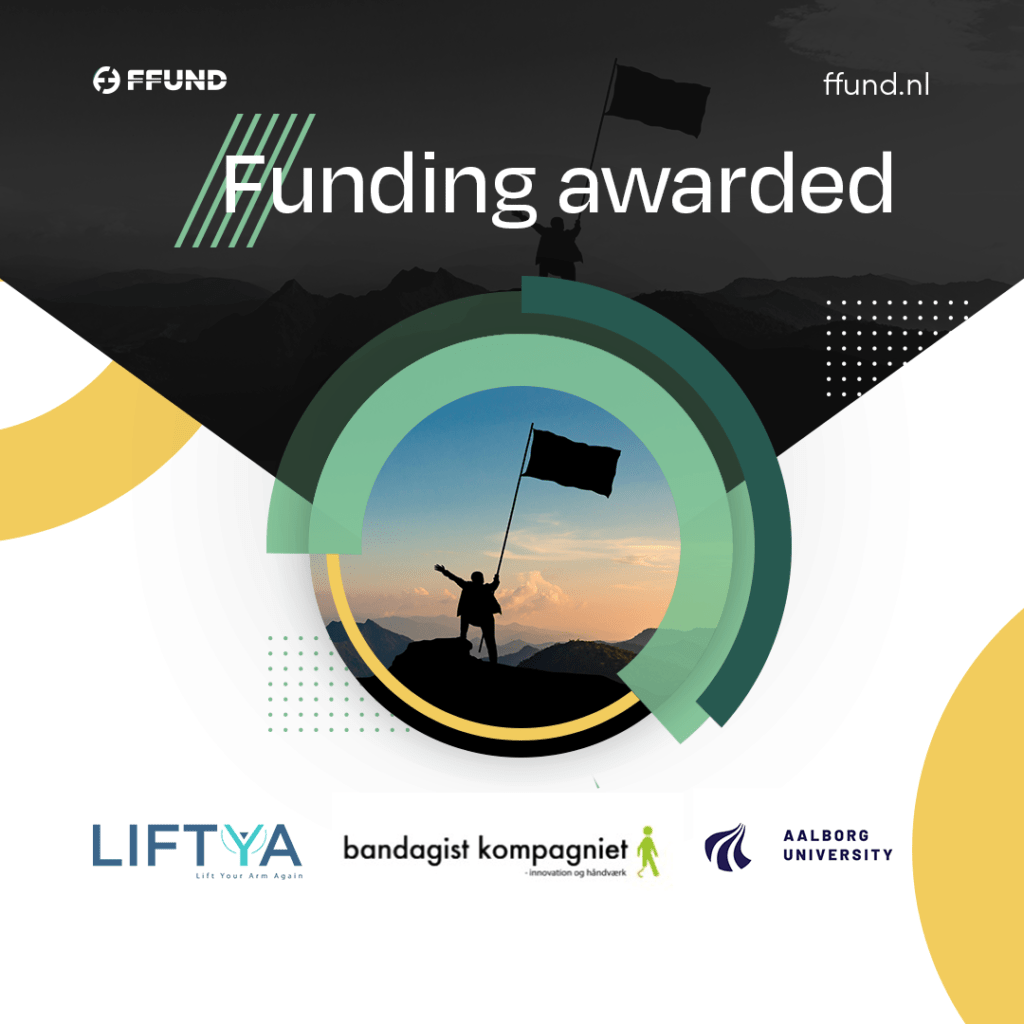 Overview image showing the DynAI-Brace project, featuring logos of Liftya, Minbandagist Kompagniet, Aalborg University, and FFUND highlighting the €1M Eurostars grant.